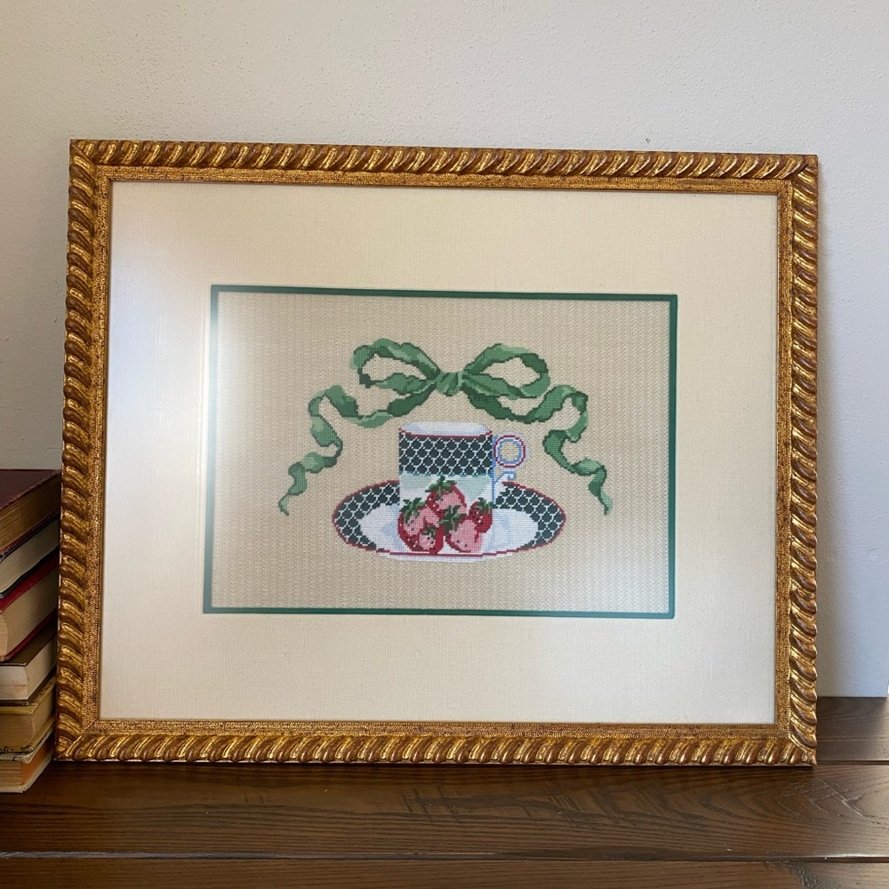 Marcy Covington Framed Needlepoint Strawberry Teacup